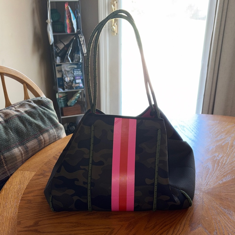 Camo Haute Shore Tote with Pink Stripe and removable small bag